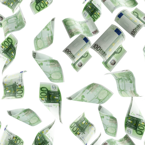 istock Counting euro banknote falling isolated. Money cash seamless pattern texture on white background. 1281111667