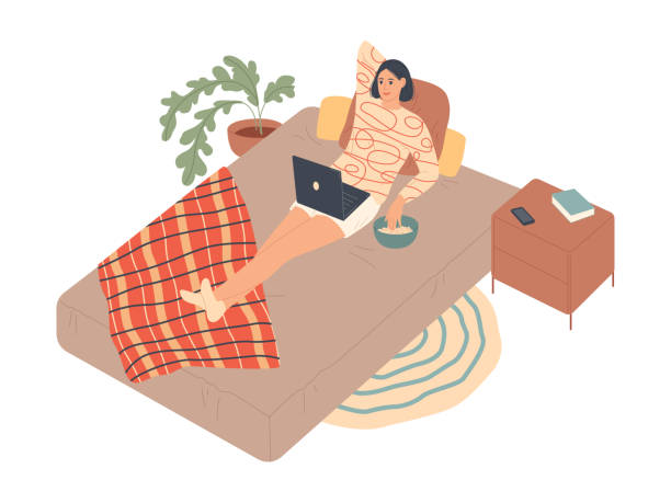 Woman lies on the bed and watches series on laptop. Woman lies on the bed and watches series on laptop part of a series stock illustrations