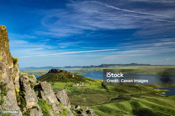 Landscape Of Green Farm Fields With Hills And Water Reservoir Stock Photo - Download Image Now