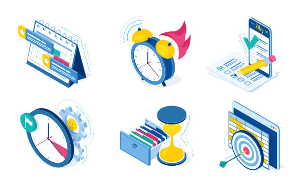 Vector icons set of task and time management Task and time management icons with clock, calendar, checklist and smartphone isolated on white background. Vector isometric symbols of planning productivity work and project organization efficiency illustrations stock illustrations