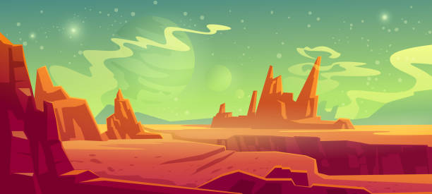 Mars landscape, alien planet, martian background Mars landscape, red alien planet background, desert surface with mountains, rocks, deep cleft and stars shine on green sky. Martian extraterrestrial computer game backdrop, cartoon vector illustration alien planet stock illustrations