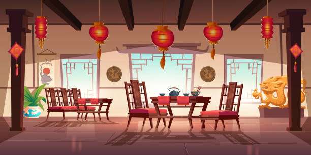 Chinese cafe interior with lanterns and dragons Chinese restaurant with food and tea on wooden table and chairs. Vector cartoon interior of china cafe with traditional windows, red asian lanterns, flower and decoration with dragons chinese restaurant stock illustrations