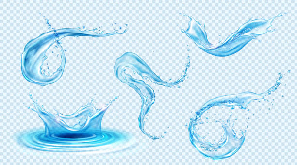Vector set of blue clear water splashes Water splashes, blue liquid waves with swirls and drops. Vector realistic set of flowing and falling clear pure aqua, fluid splashing isolated on transparent background stream body of water stock illustrations