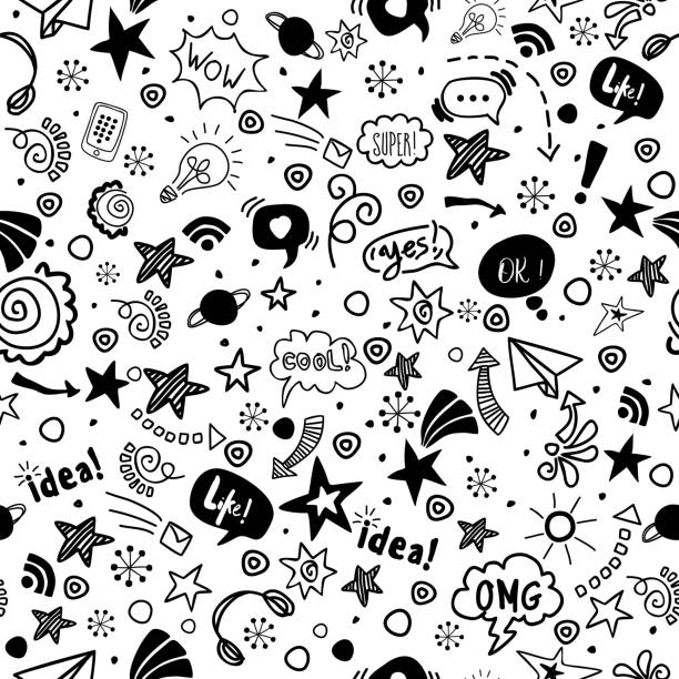 nahtloses muster-doodle für jugendliche. vektor-illustration in handgezeichneten fliesen. für web, stoff, textil und papier - lifestyle backgrounds stock-grafiken, -clipart, -cartoons und -symbole