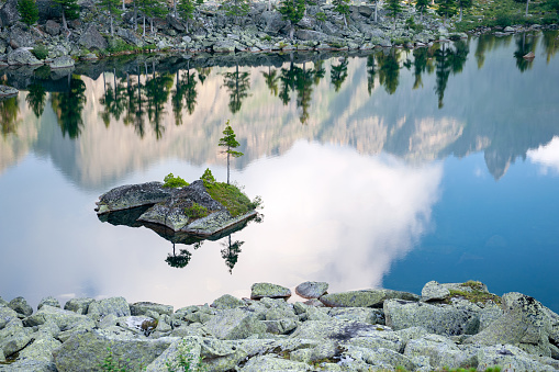 Taiga. Siberia. Morning mountain landscape on the lake.