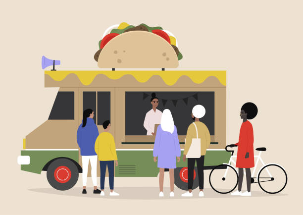 illustrations, cliparts, dessins animés et icônes de un camion mexicain de nourriture de tacos, les gens commandant et attendant leur nourriture à emporter - meals on wheels illustrations