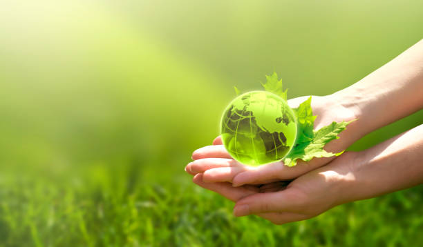istock World Earth Day card. Earth globe and maple leaf in human hand on grass background. Saving environment, save clean green planet, ecology concept. 1281121507