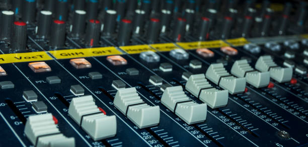istock Blue mixer with colored sliders and rotary controls 1281122059