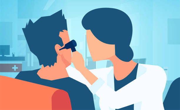 вектор врача, проверяя ухо пациентов с помощью отоскопа во время медицинского осмотра - ear exam stock illustrations