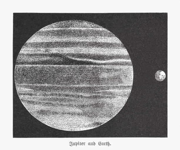 ilustraciones, imágenes clip art, dibujos animados e iconos de stock de relación de tamaño de júpiter y tierra, grabado en madera, publicado en 1893 - jupiter