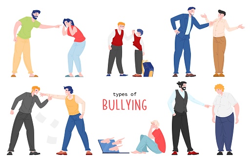 Vector illustration of people suffering from bullying. Flat cartoon characters victims being bullied, body shaming, violence at work, school, home and cyber. Discrimination and intimidation of weak.