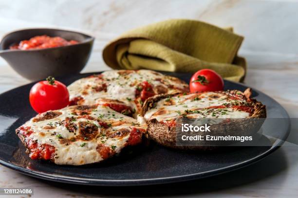 Glutenfree Pizza Mushrooms Stock Photo - Download Image Now - Portobello Mushroom, Pizza, Stuffed