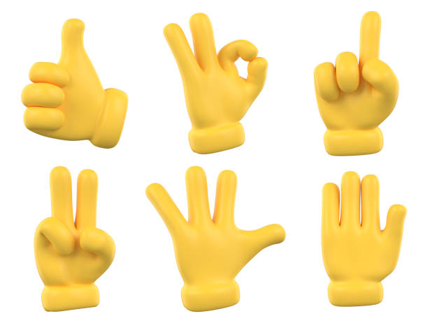 ensemble d’icônes et de symboles de geste de mains. icônes jaunes de main d’emoji. différents gestes, mains, signaux et signes, illustration 3d - expressive hands photos et images de collection