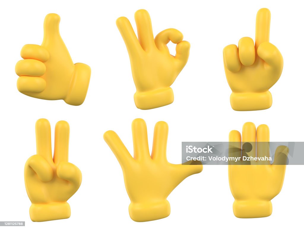 Set of hands gesture icons and symbols. Yellow emoji hand icons. Different gestures, hands, signals and signs, 3d illustration Character yellow hands collection. Rating feedback symbols. Three Dimensional Stock Photo