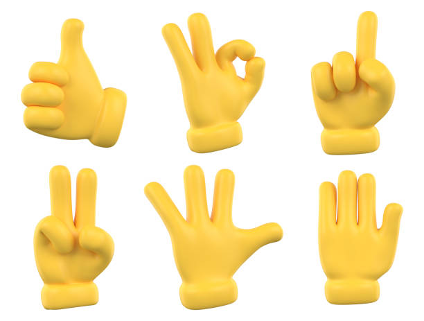 set of hands gesture icons and symbols. yellow emoji hand icons. different gestures, hands, signals and signs, 3d illustration - dedo ilustrações imagens e fotografias de stock