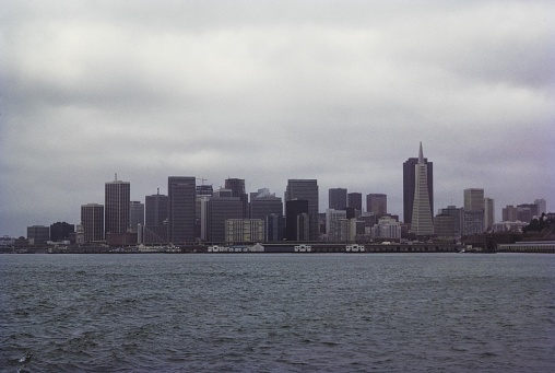 San Francisco skyline on a foggy day during the 1950's