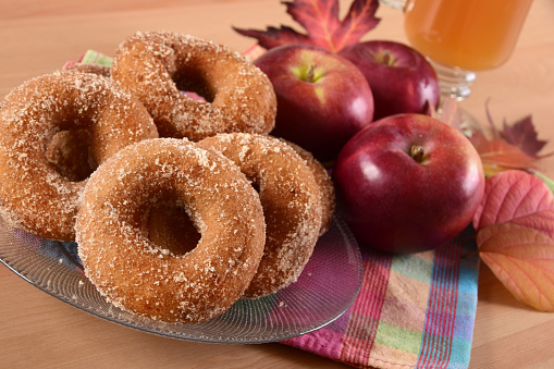 A traditional New England autumn treat - freshly made apple cider donuts rolled in sugar, served with a mug of hot apple cider.