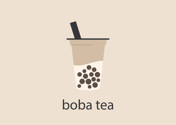 A plastic cup of boba tea with tapioca pearls and milk, a trendy asian drink A plastic cup of boba tea with tapioca pearls and milk, a trendy asian drink milk tea logo stock illustrations