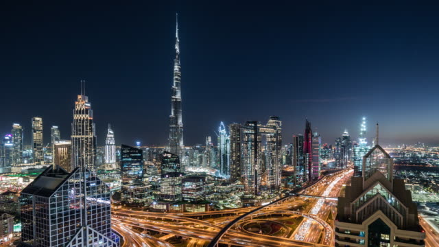 T/L PAN Aerial View of Dubai Skyline at Night / Dubai, UAE