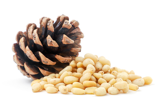 Pine nut heap and pine cone close-up on a white background. Isolated