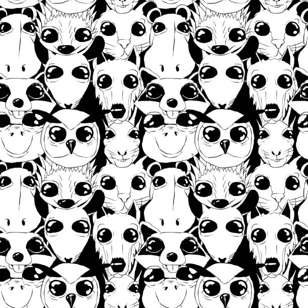 Vector illustration of Hand-drawn seamless black and white sketch illustration - Animals with big eyes.