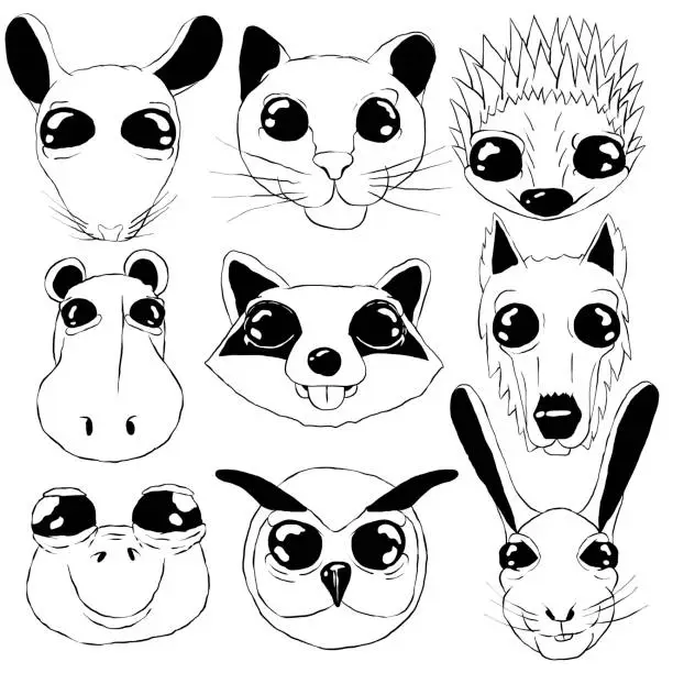 Vector illustration of Black and White Icon Set - Sketches of animals with big eyes.