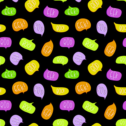 Halloween seamless pattern related boo and eek text and design on colored orange purple and green talk bubbles on black background. For paper, baby clothes and textiles