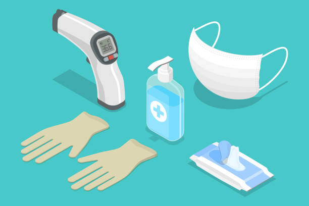 3D Isometric Flat Vector Illustration Covid 19 Minimal Protective Package. 3D Isometric Flat Vector Illustration Covid 19 Minimal Protective Package, Medical Gloves and Mask, Hand Sanitizer, Wet Wipes, PPE - Personal Protective Equipment. infrared background stock illustrations