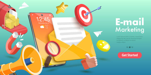 ilustrações, clipart, desenhos animados e ícones de ilustração conceitual 3d vetor de e-mail marketing móvel e campanha publicitária. - marketing