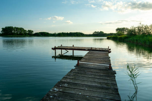 istock A wooden jetty on a calm lake and clouds on the sky 1281137193