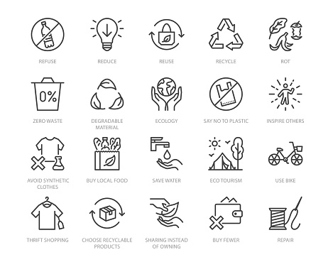 Zero waste lifestyle flat line icons set. Refuse, reduce, reuse, recycle, leaves circle, save water, planet, eco tourism vector illustration. Outline signs of ecology. Pixel perfect. Editable Stroke.
