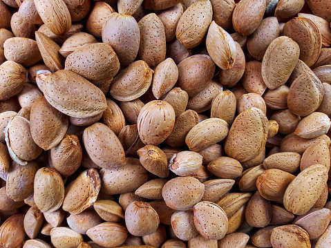 Close up of almonds in shell on market stall