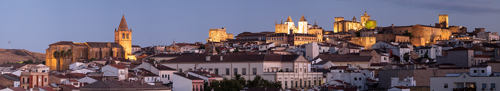 Caceres, Spain - August 20, 2020: Panoramic view at night of the old town of Caceres, World Heritage Site by UNESCO, Extremadura, Spain