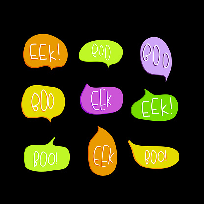 Set of speech bubbles with the words boo and eek. Halloween decoration. Vector illustration in doodle style and hand drawing for decoration. Traditional colors of the holiday. Green orange purple