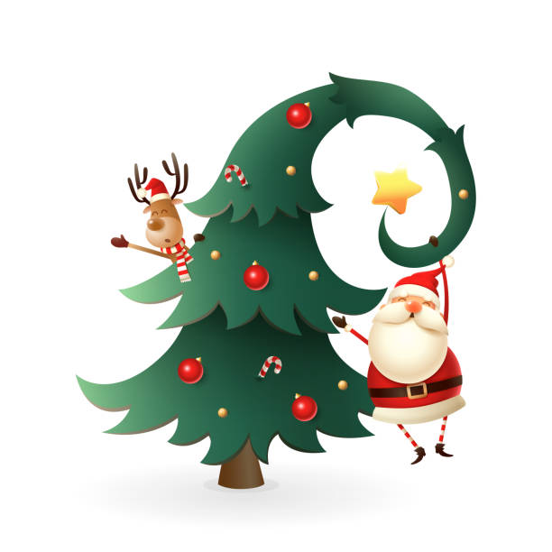 ilustraciones, imágenes clip art, dibujos animados e iconos de stock de tarjeta de navidad divertida - santa claus y reno en el árbol de navidad - ilustración vectorial aislada en el fondo transparente - christmas deer christmas decoration tree