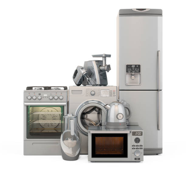 istock Silver kitchen appliances. Washing machine, fridge, gas range, microwave oven, meat grinder, mixer, kettle and hydrogen rich water machine. 3D rendering isolated on white background 1281140920