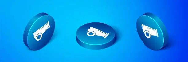 Vector illustration of Isometric Cannon icon isolated on blue background. Medieval weapons. Blue circle button. Vector