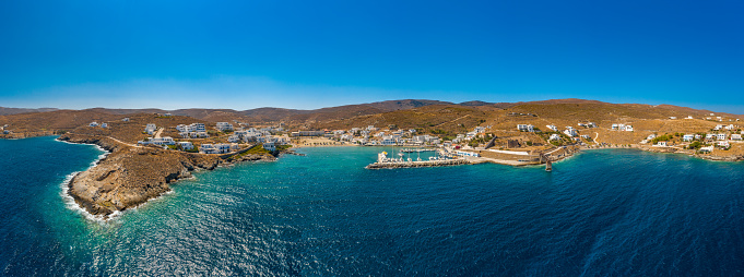 Aerial panoramic photo of Kythnos island, Town, Chora, Merihas, Kolona and Loutra at Cyclades, Aegean Sea