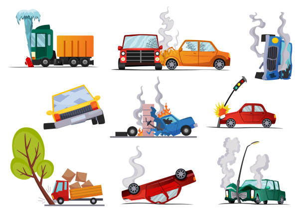 Accidents on road cars damaged. Road accident icons set with car crash symbols flat isolated. Damaged vehicle insurance. Damaged autos. Need repair service or not recoverable Accidents on road cars damaged. Road accident icons set with car crash symbols flat isolated. Damaged vehicle insurance. Damaged autos. Need repair service or not recoverable. car crash accident cartoon stock illustrations