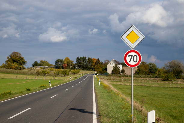 istock German road sign zone 70 km / h in a rural area 1281144704