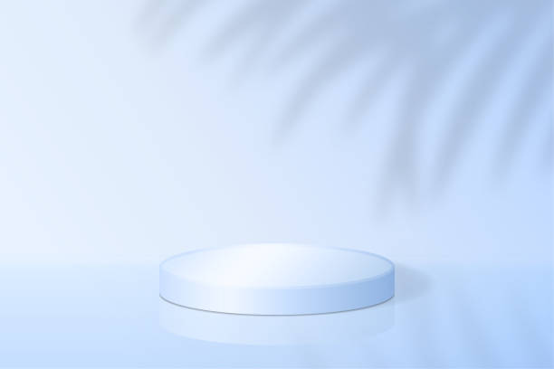 istock Realistic 3d round podium for product demonstration. Cylinder platform with tropical shadow overlay effect blue background. Scene with pedestal for cosmetic branding, packaging presentation 1281144959