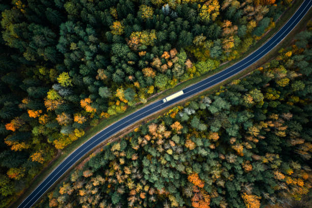 widok z lotu ptaka na ciężarówkę na wąskiej skręcającej drodze - car green nature landscape zdjęcia i obrazy z banku zdjęć