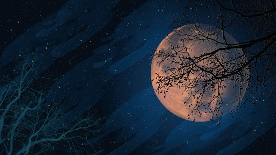 Scary Spooky Stormy Night Scene of Full Moon and Tree Silhouette - Windy Night Sky Background with Copy Space    Elements of this image furnished by NASA - URL: https://www.nasa.gov/sites/default/files/thumbnails/image/pia00405orig.jpg