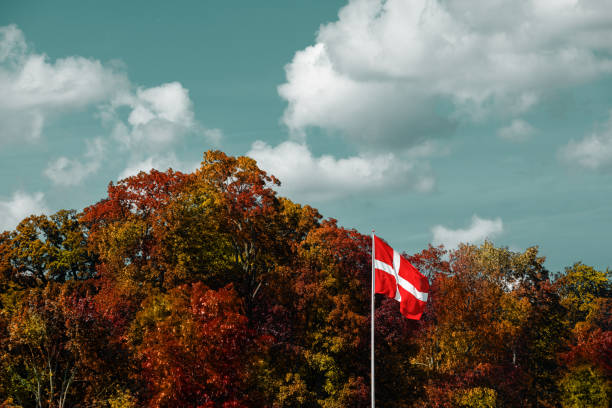 Danish red and white flag is on flag pole at blue sky and orange leaf trees background