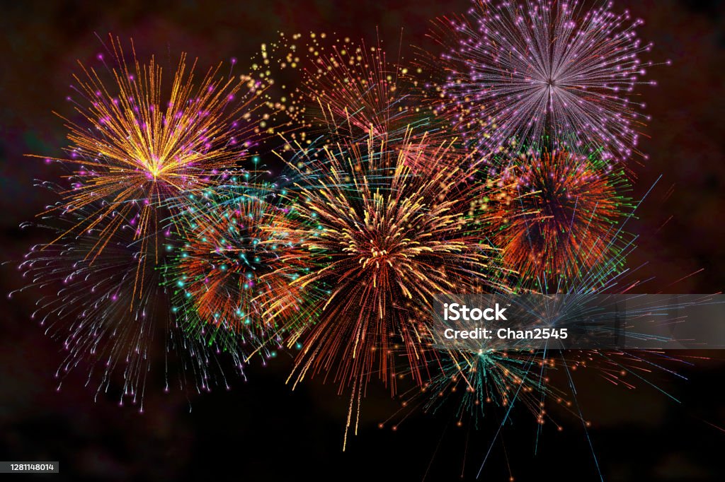 Realistic 3d Illustration Colorful Firework Pyrotechnic Night Dark Sky With  Smoke On Isolated Black Background Wallpaper Use Celebrate Happy New Year  2021 Countdown Festival Anniversary Birthday Party Stock Photo - Download  Image