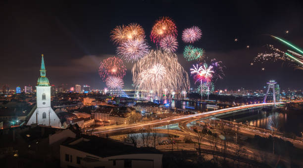 istock New Year Celebration. Fireworks on Danube River in Bratislava, Slovakia. 1281149121