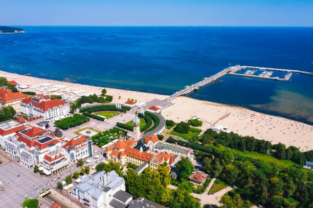 Aerial view of Molo sea pier in Sopot, Poland