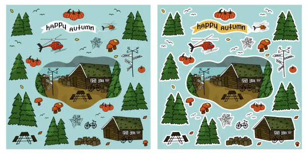 Vector illustration of Wooden house, helicopter, Christmas trees, forest, inscription Happy Autumn, spider web, pumpkins, bench and chairs, bike stuff isolated on a blue background for stickers with white border