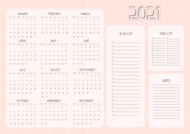 istock Pink dates calendar from January to December from Monday to Sunday, Wish and To Do list, Notes for 2021 year 1281149894