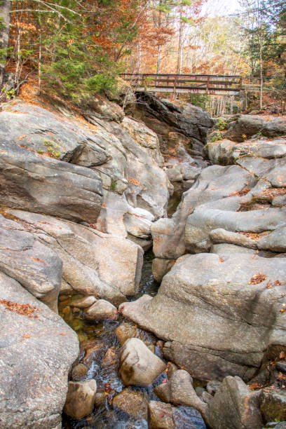 istock Stream and waterfall flowing through sculptured rocks in the woods 1281151042